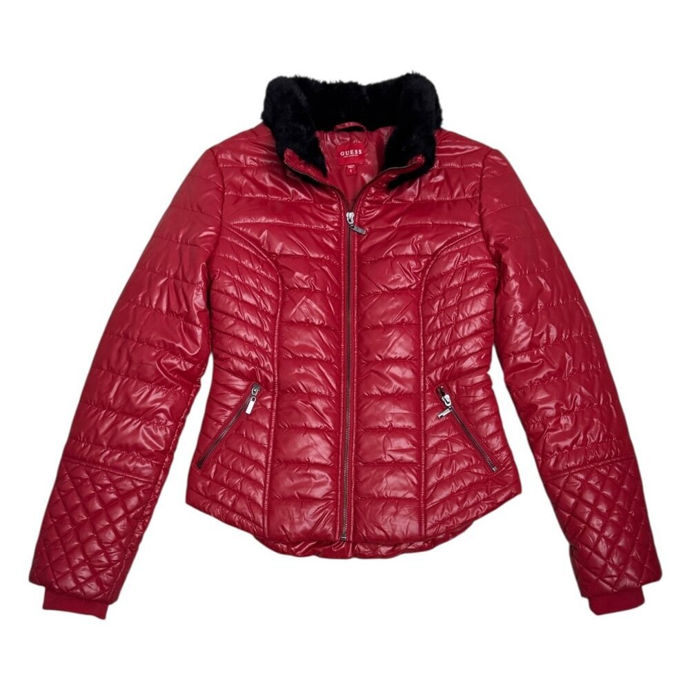 GUESS Puffer Jacket Red Designer Winter Parka Faux Fur Collar Coat Womens Small